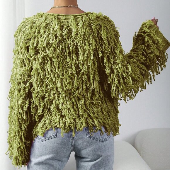 Olive Green Casual Women's Open Front fringe knit sweater Cardigan - Picture 2 of 7